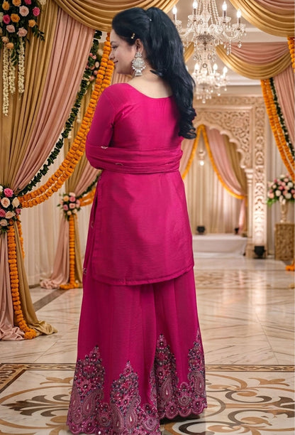 Pure Chinnon Silk Thread Embroidered Sharara Suit with Dupatta in Hot Pink