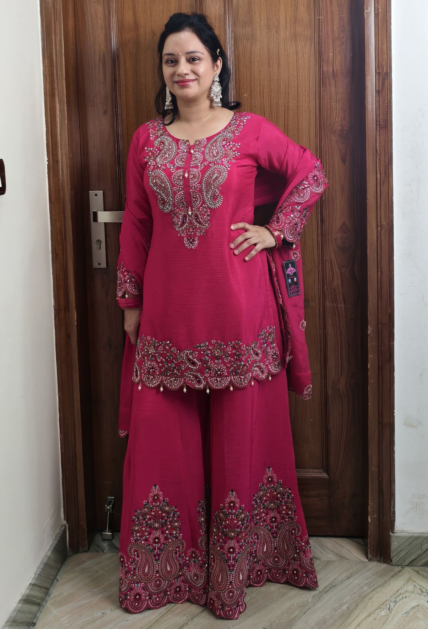 Pure Chinnon Silk Thread Embroidered Sharara Suit with Dupatta in Hot Pink