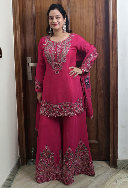 Pure Chinnon Silk Thread Embroidered Sharara Suit with Dupatta in Hot Pink