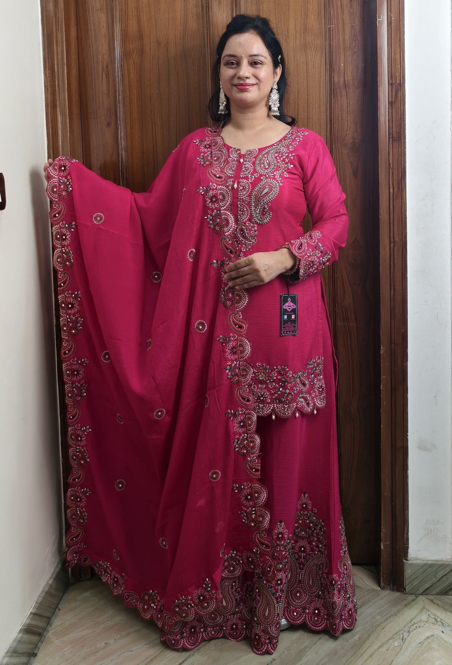 Pure Chinnon Silk Thread Embroidered Sharara Suit with Dupatta in Hot Pink