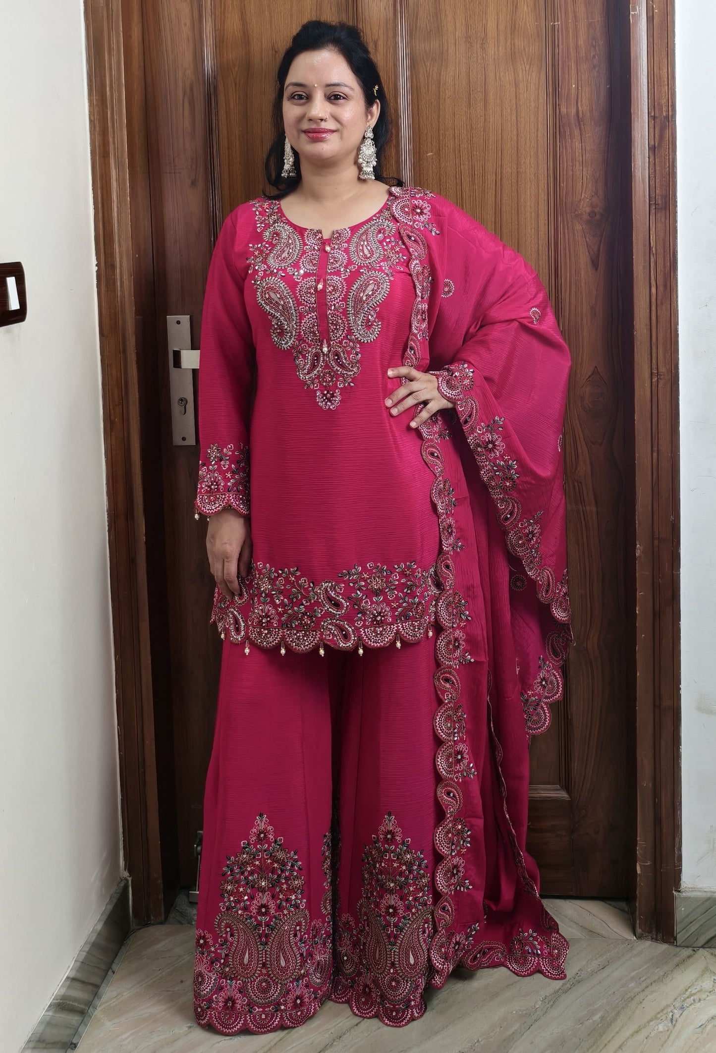 Pure Chinnon Silk Thread Embroidered Sharara Suit with Dupatta in Hot Pink
