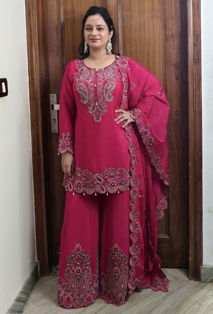 Pure Chinnon Silk Thread Embroidered Sharara Suit with Dupatta in Hot Pink