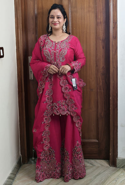 Pure Chinnon Silk Thread Embroidered Sharara Suit with Dupatta in Hot Pink