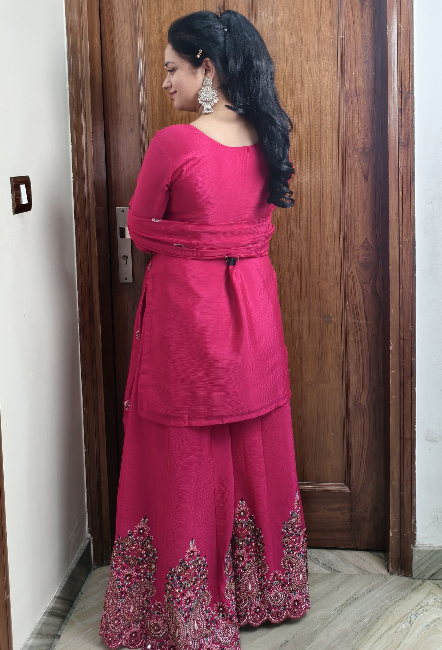 Pure Chinnon Silk Thread Embroidered Sharara Suit with Dupatta in Hot Pink