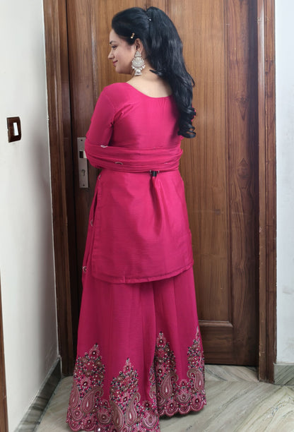 Pure Chinnon Silk Thread Embroidered Sharara Suit with Dupatta in Hot Pink