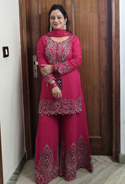 Pure Chinnon Silk Thread Embroidered Sharara Suit with Dupatta in Hot Pink