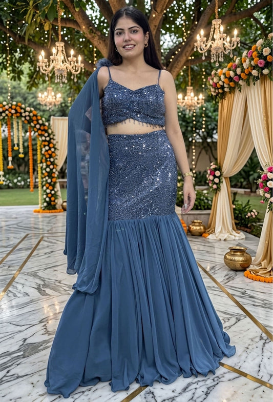 Noodle Strap Fish Cut Lehenga with Net Border Dupatta