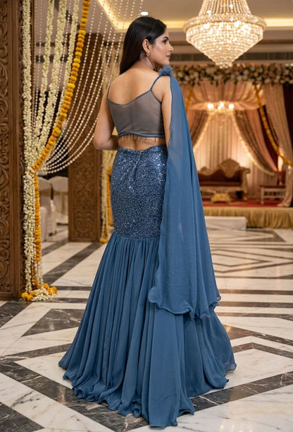 Noodle Strap Fish Cut Lehenga with Net Border Dupatta