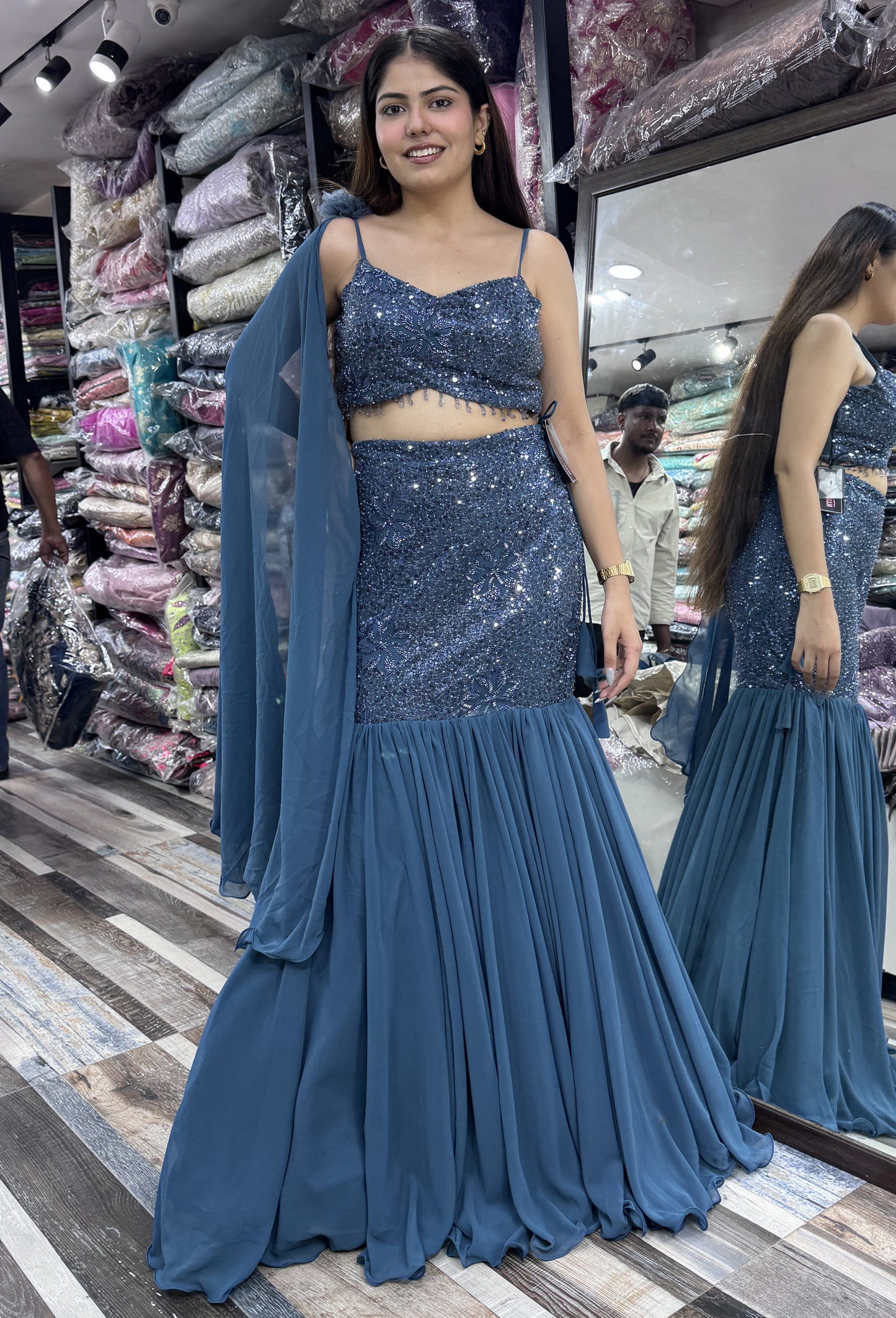 Noodle Strap Fish Cut Lehenga with Net Border Dupatta