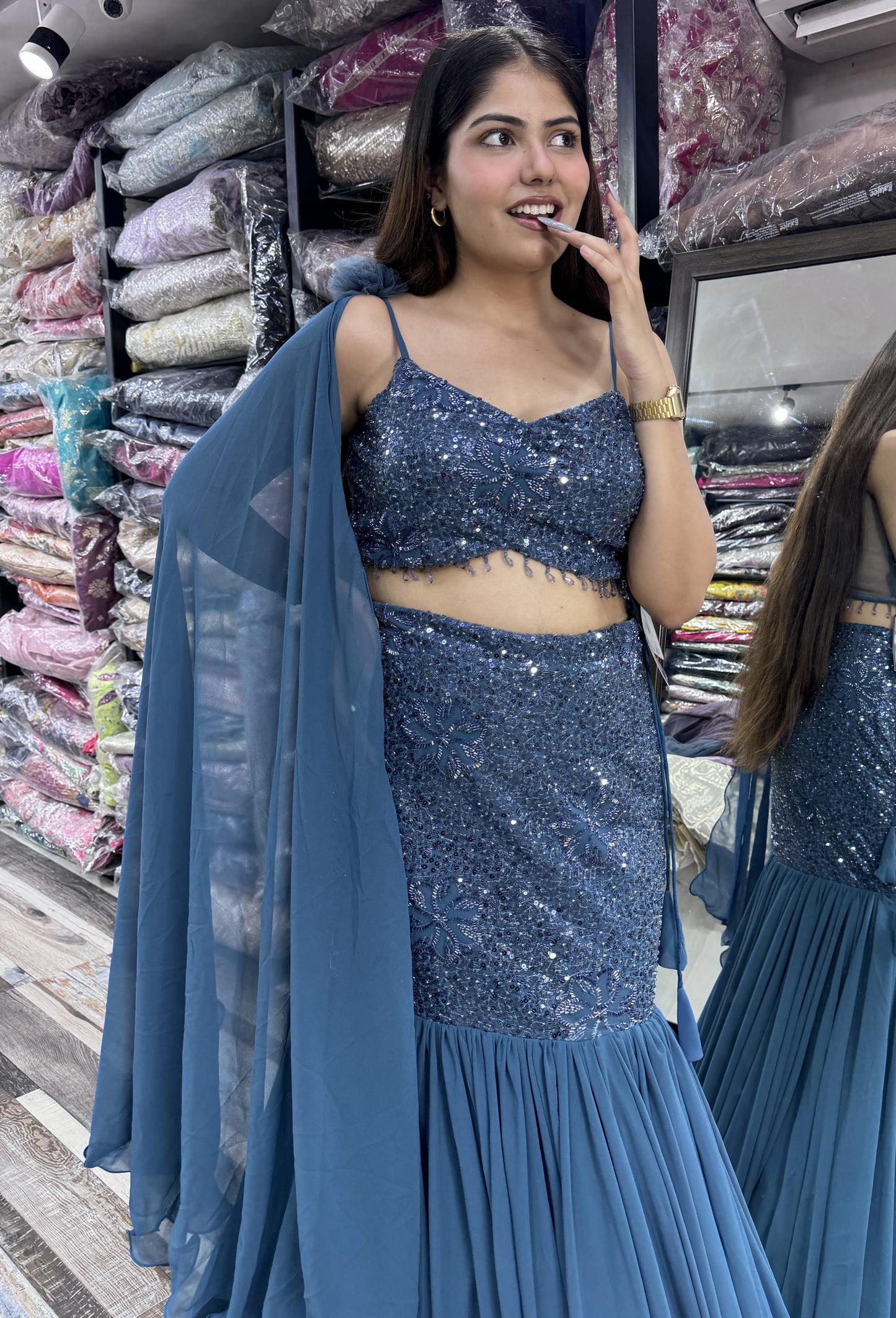 Noodle Strap Fish Cut Lehenga with Net Border Dupatta