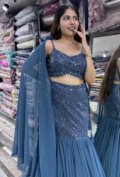 Noodle Strap Fish Cut Lehenga with Net Border Dupatta