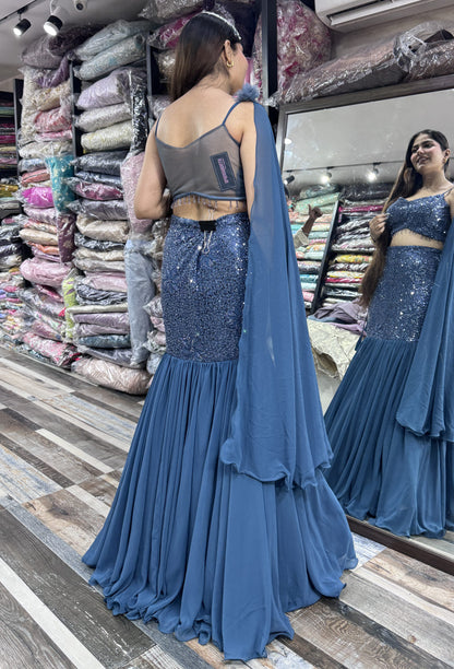 Noodle Strap Fish Cut Lehenga with Net Border Dupatta