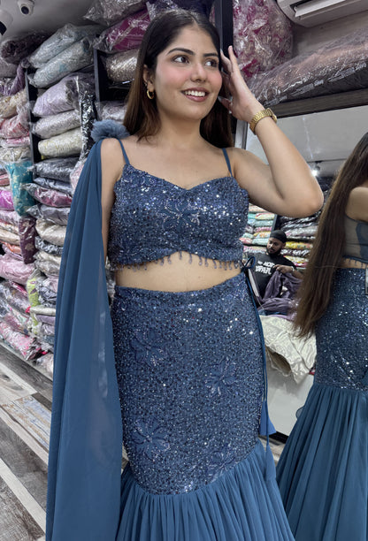 Noodle Strap Fish Cut Lehenga with Net Border Dupatta