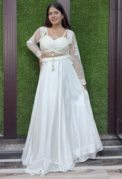Beautiful Indo-Western Embroidered Crop Top Skirt with Jacket