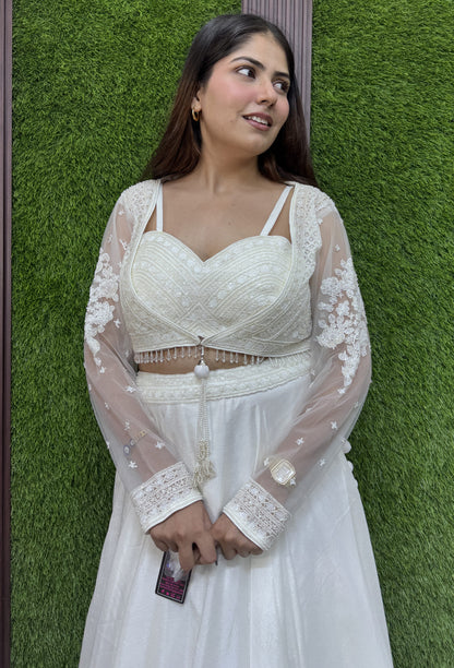 Beautiful Indo-Western Embroidered Crop Top Skirt with Jacket