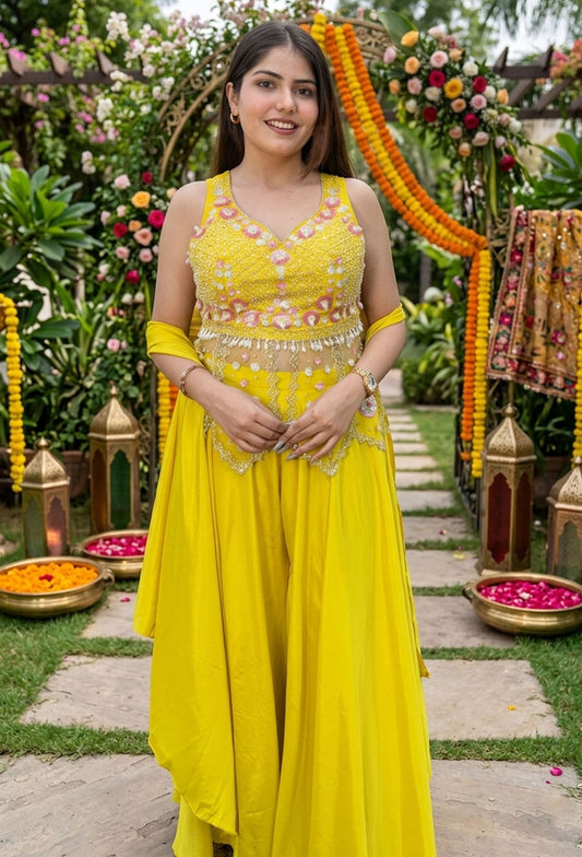 Haldi Special Peplum & Palazzo Set with Choker Dupatta in Yellow