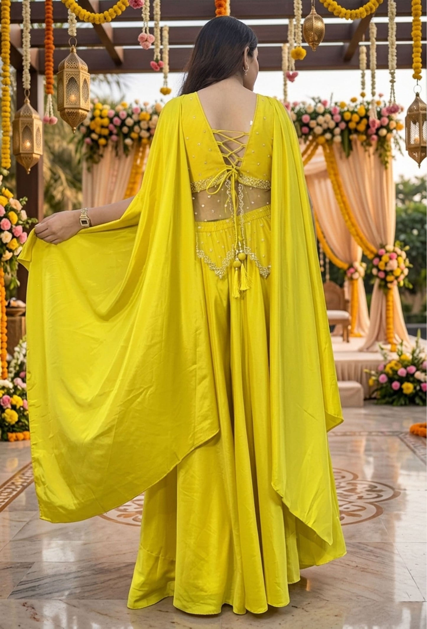 Haldi Special Peplum & Palazzo Set with Choker Dupatta in Yellow