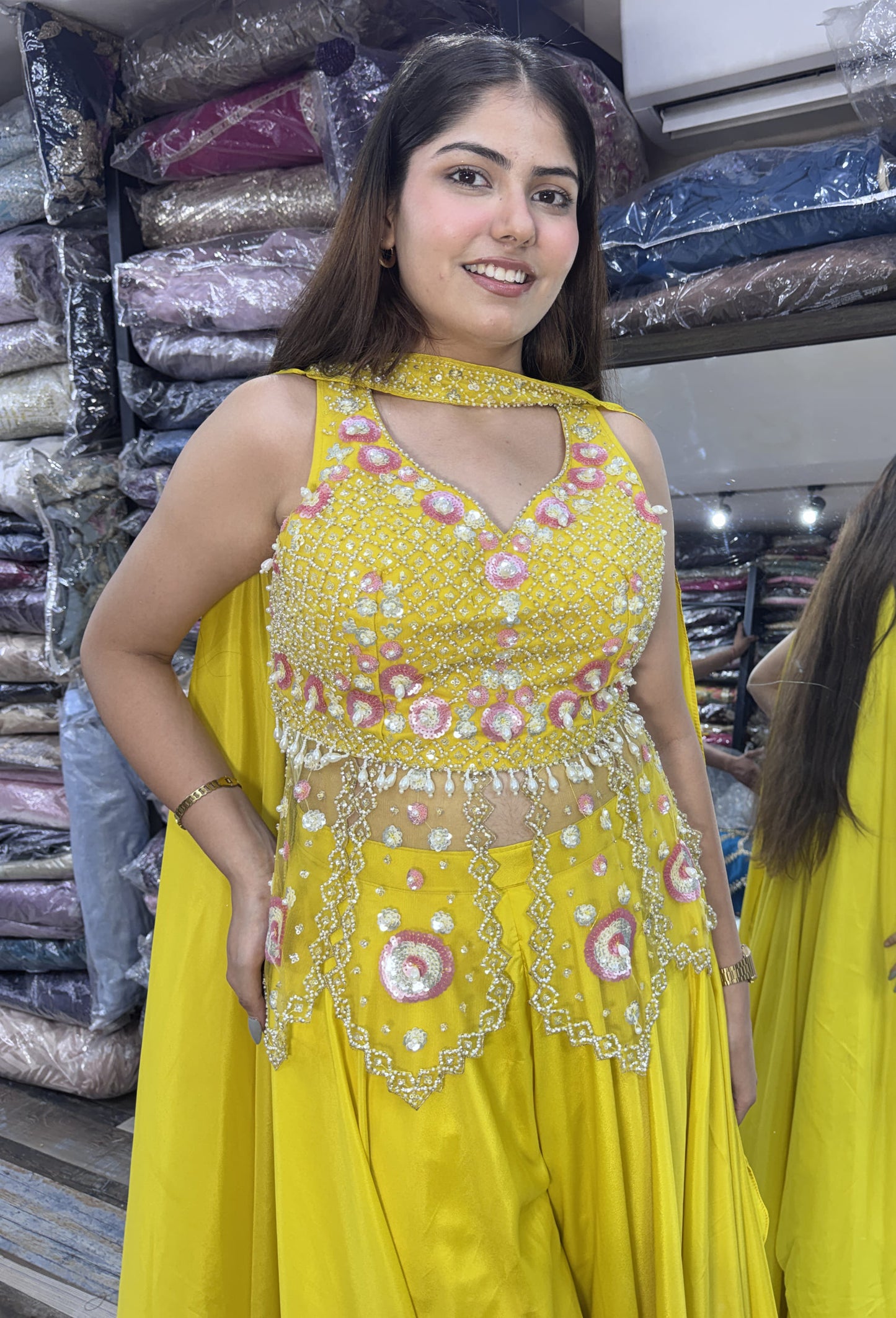 Haldi Special Peplum & Palazzo Set with Choker Dupatta in Yellow