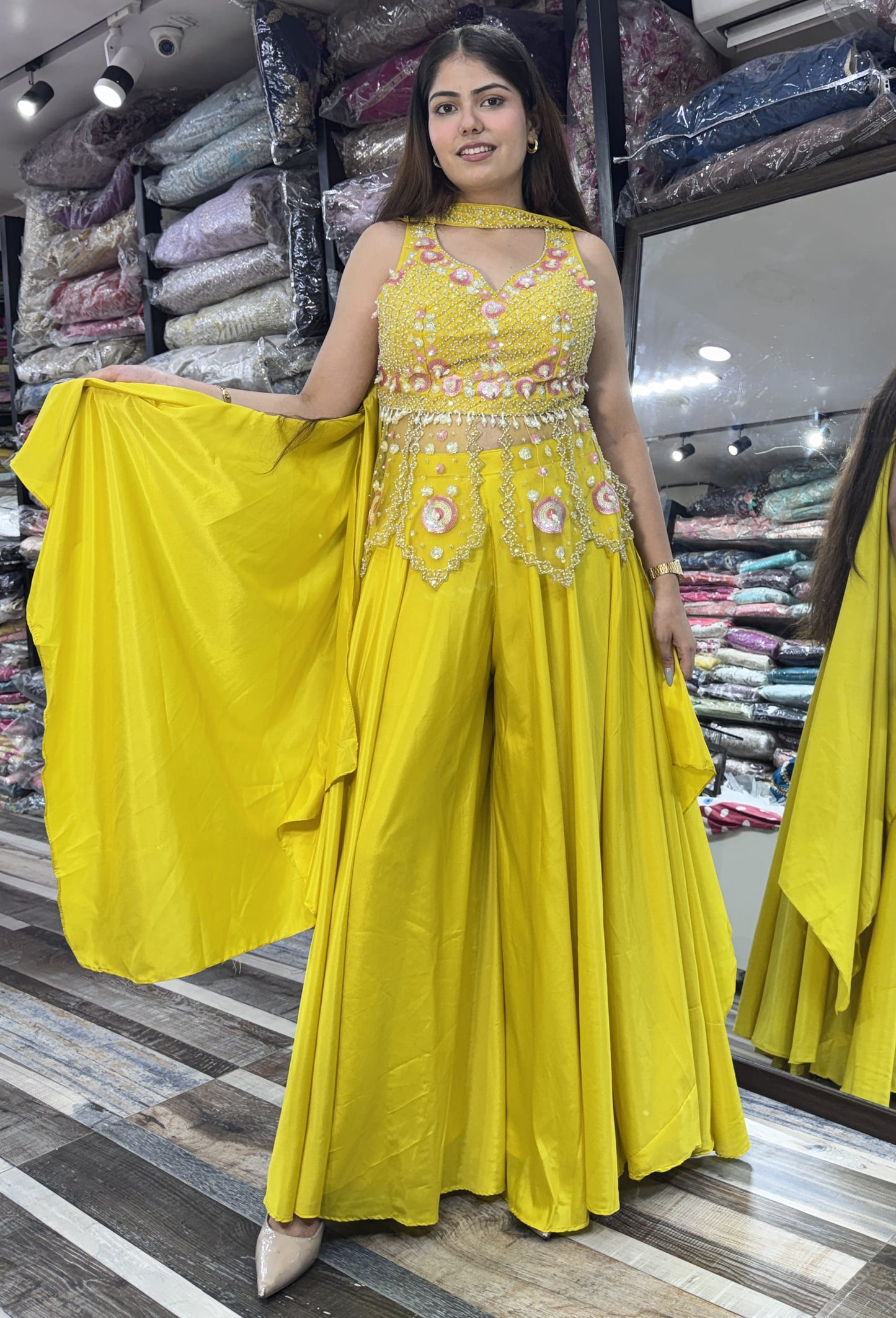 Haldi Special Peplum & Palazzo Set with Choker Dupatta in Yellow