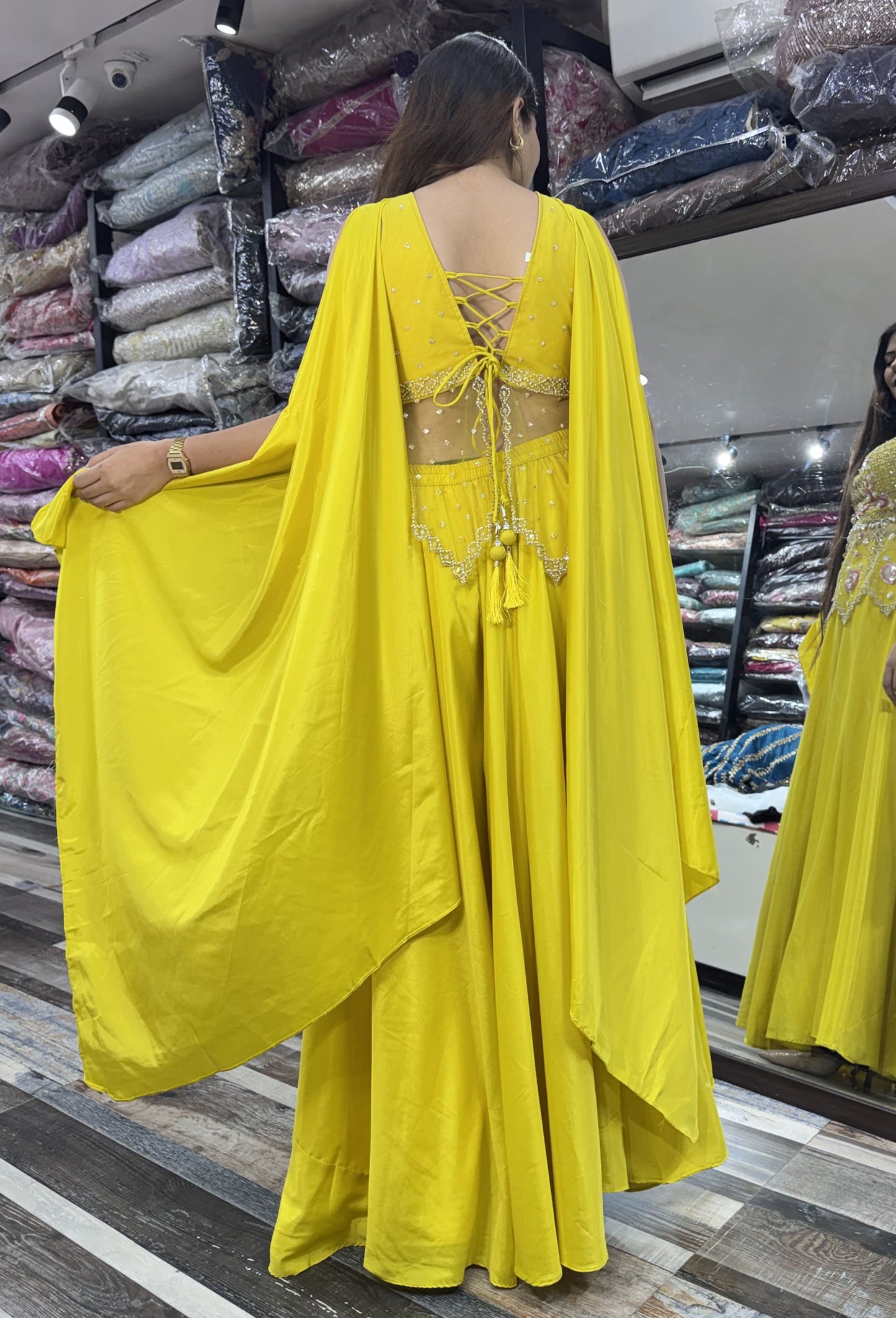 Haldi Special Peplum & Palazzo Set with Choker Dupatta in Yellow
