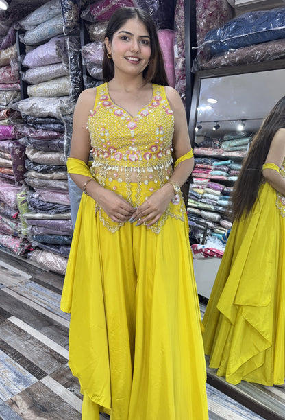 Haldi Special Peplum & Palazzo Set with Choker Dupatta in Yellow