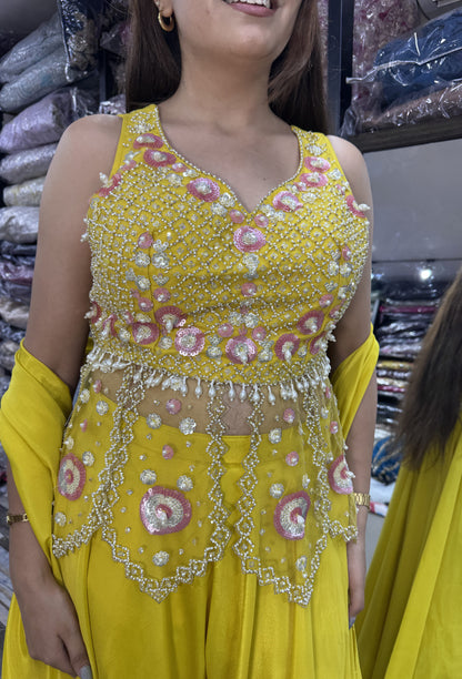Haldi Special Peplum & Palazzo Set with Choker Dupatta in Yellow