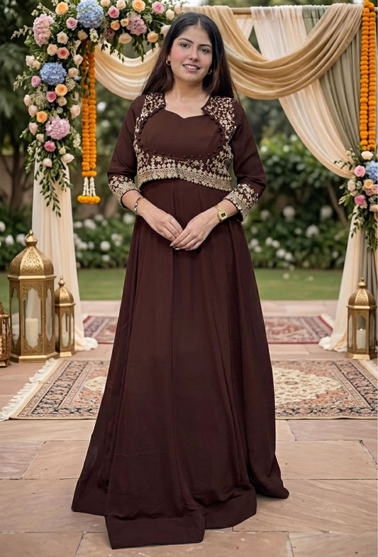 Pure Georgette Anarkali with Separate Designer Yoke in Chocolate Brown