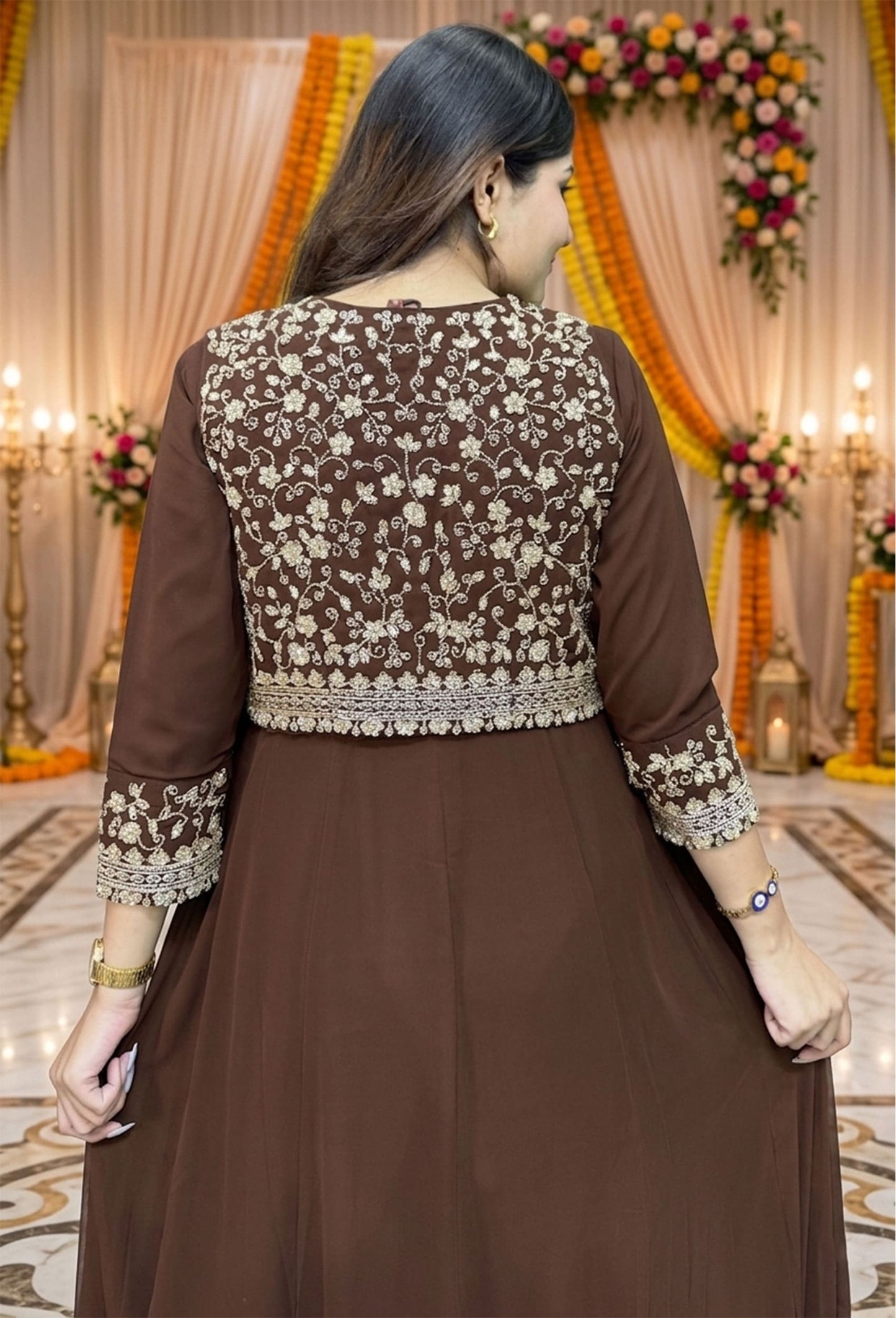 Pure Georgette Anarkali with Separate Designer Yoke in Chocolate Brown