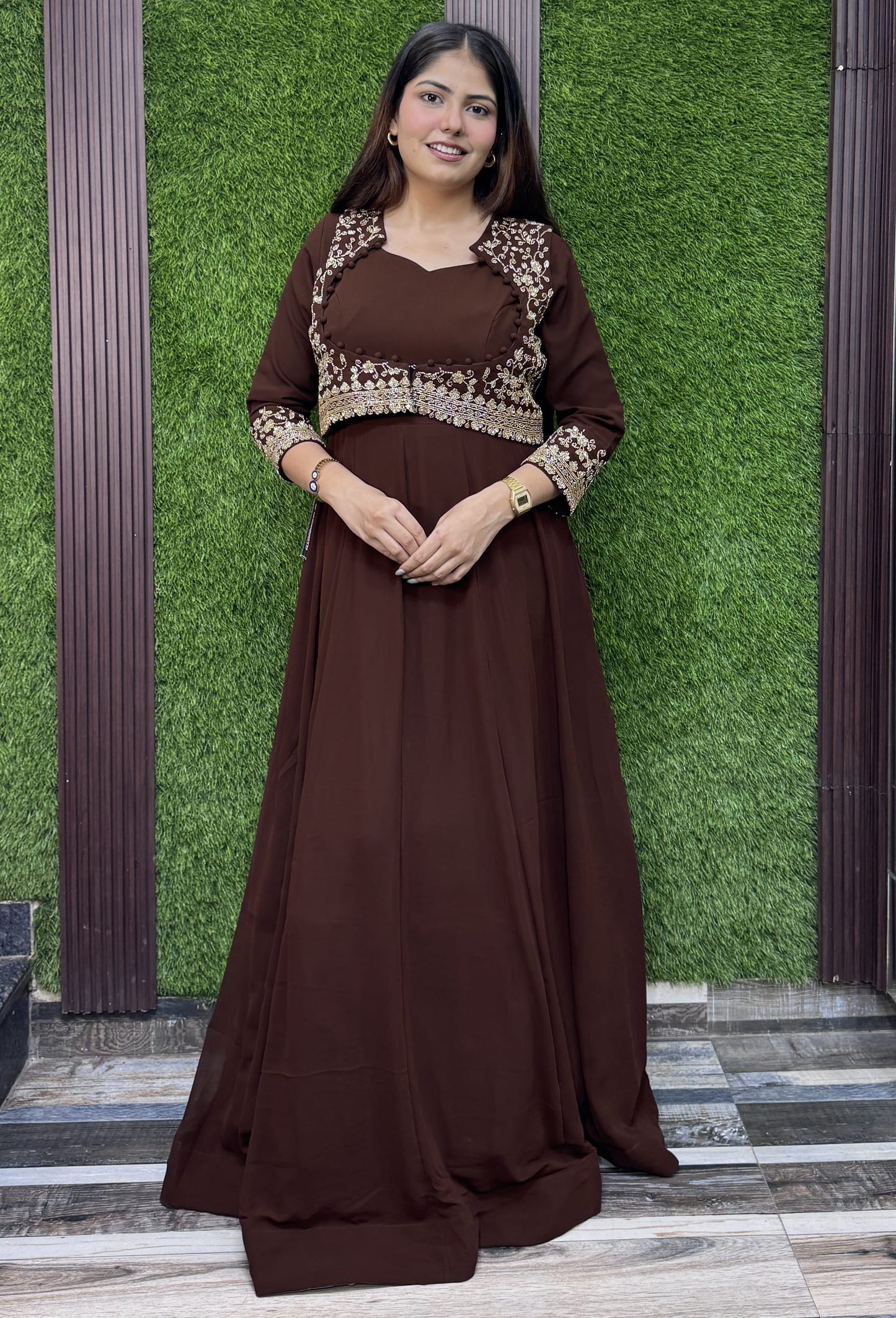 Pure Georgette Anarkali with Separate Designer Yoke in Chocolate Brown