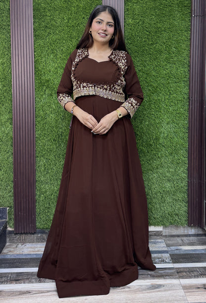 Pure Georgette Anarkali with Separate Designer Yoke in Chocolate Brown