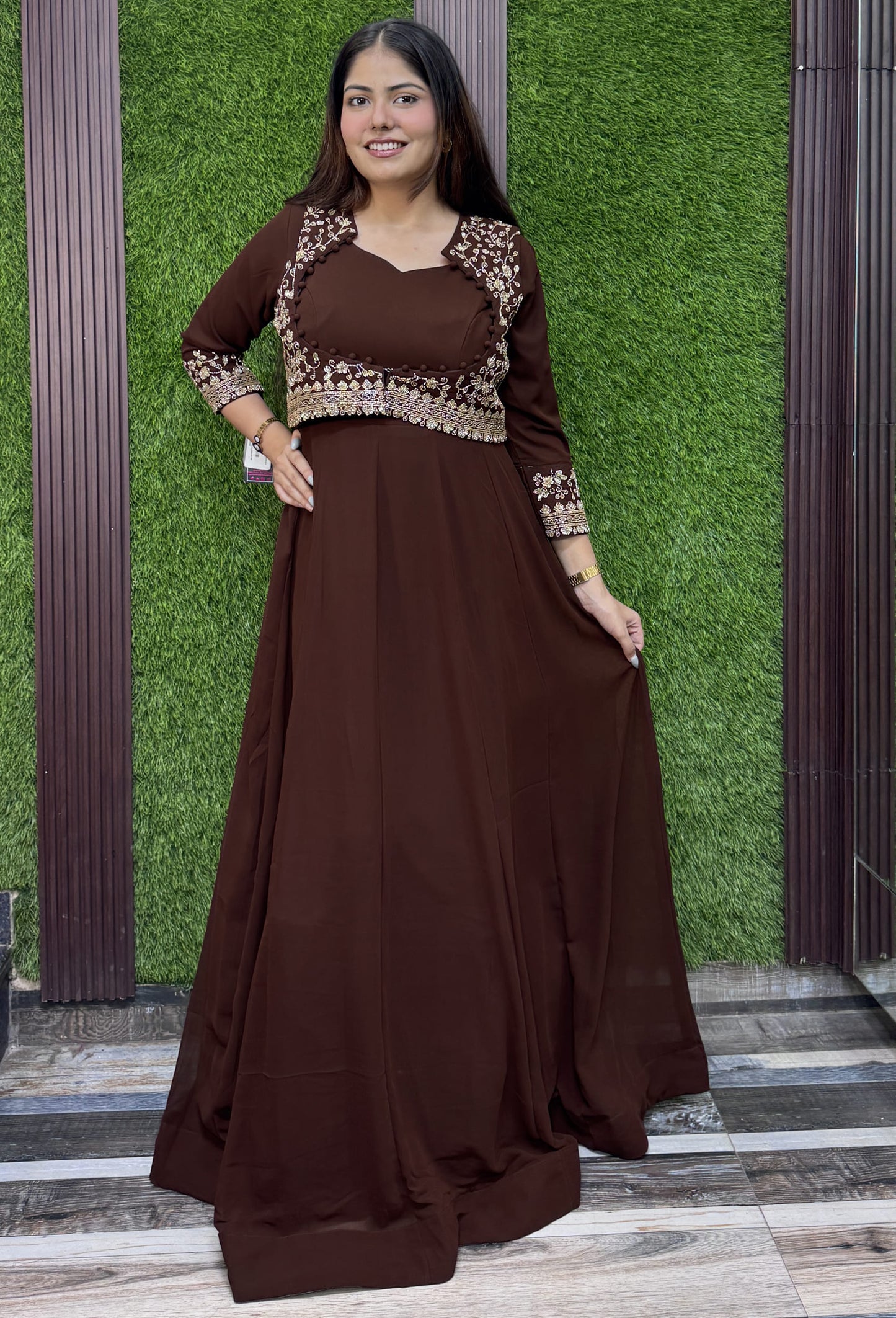 Pure Georgette Anarkali with Separate Designer Yoke in Chocolate Brown