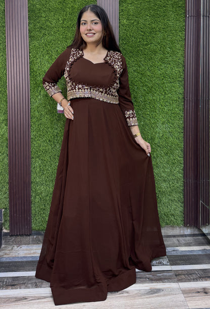 Pure Georgette Anarkali with Separate Designer Yoke in Chocolate Brown