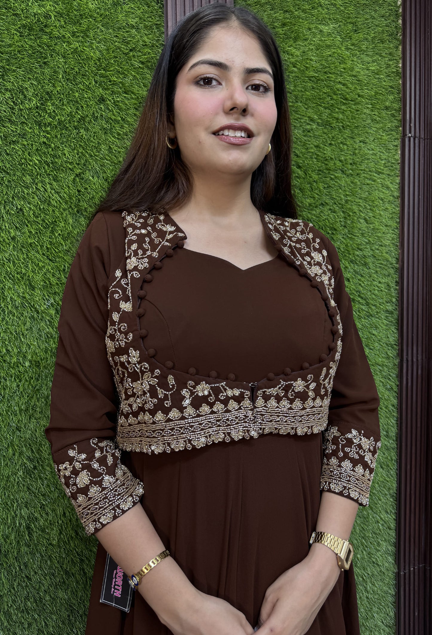 Pure Georgette Anarkali with Separate Designer Yoke in Chocolate Brown