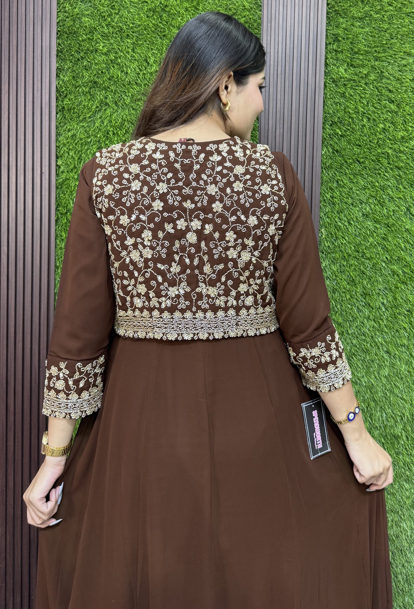 Pure Georgette Anarkali with Separate Designer Yoke in Chocolate Brown