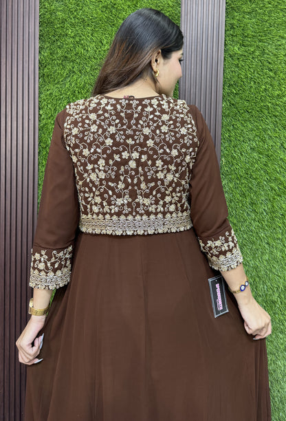 Pure Georgette Anarkali with Separate Designer Yoke in Chocolate Brown
