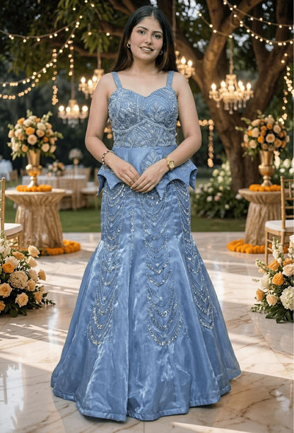 Designer Spaghetti Peplum Top with Embellished Fish Cut Lehenga