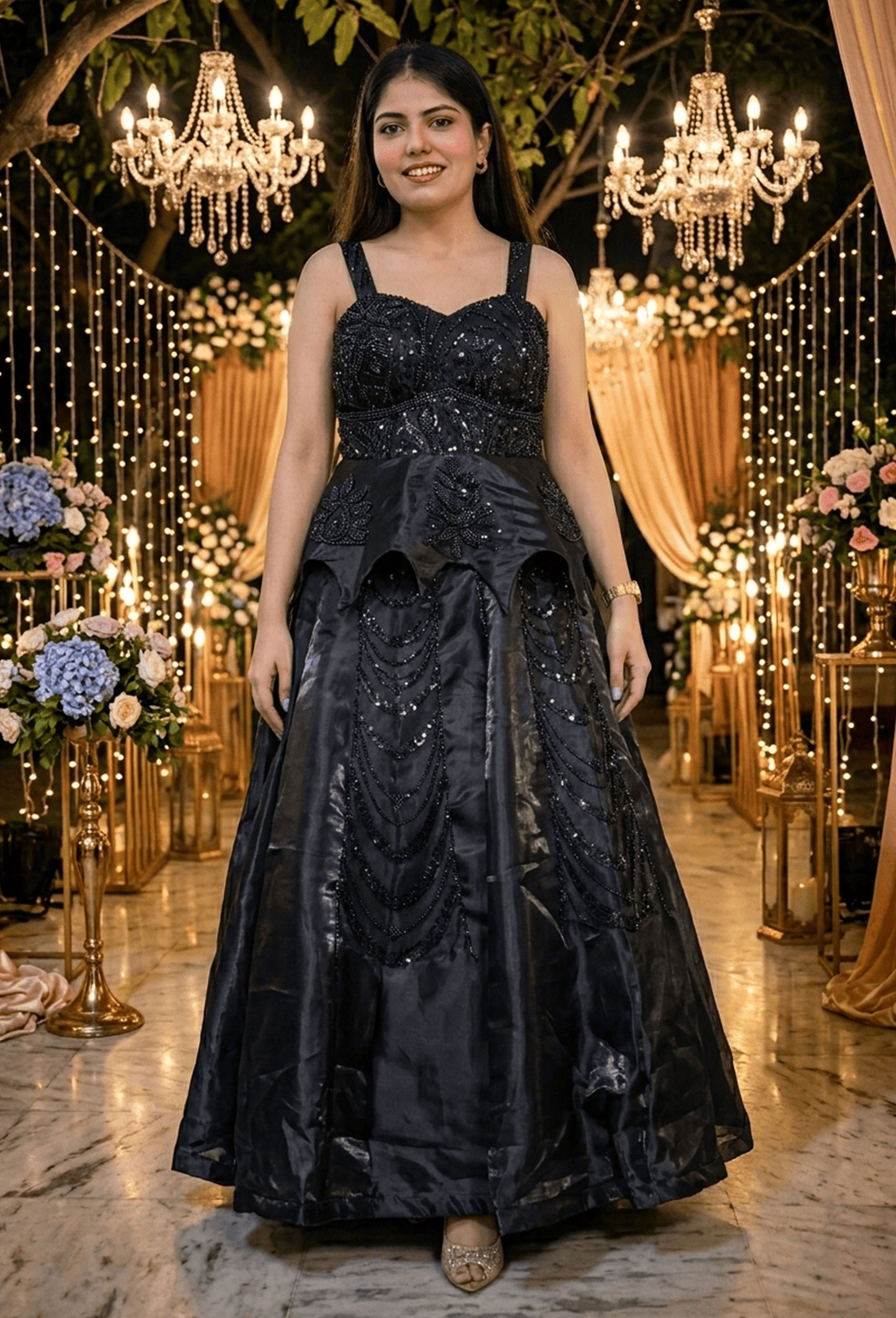 Designer Spaghetti Peplum Top with Embellished Fish Cut Lehenga