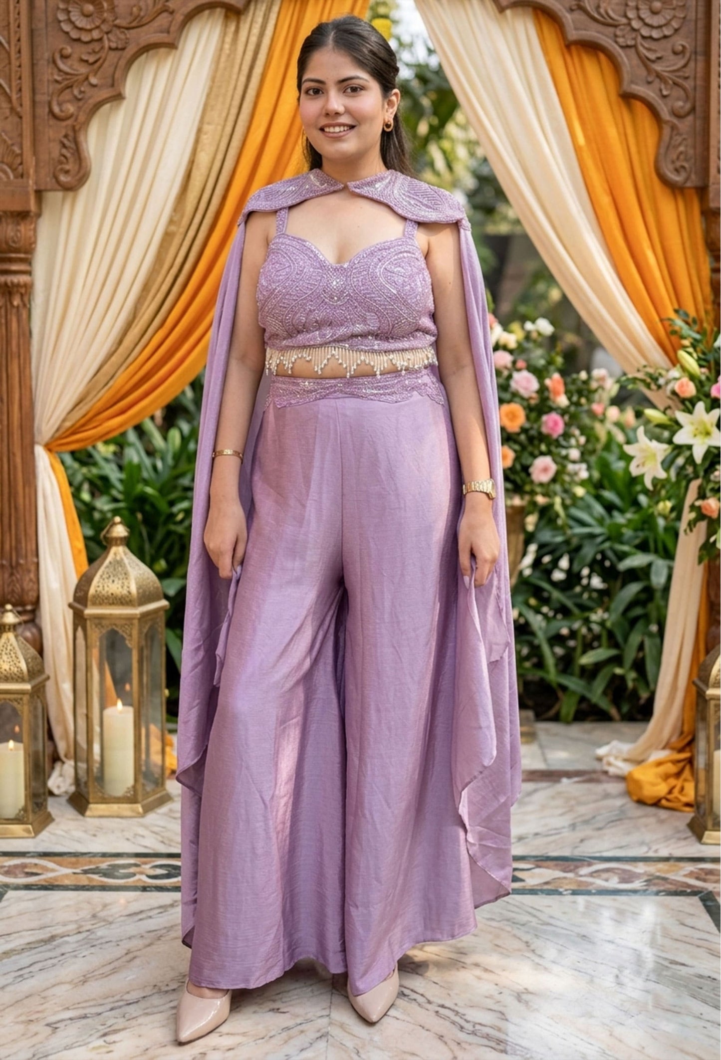 Designer Three-Piece Indo-Western Crop Top Palazzo Set with Cape