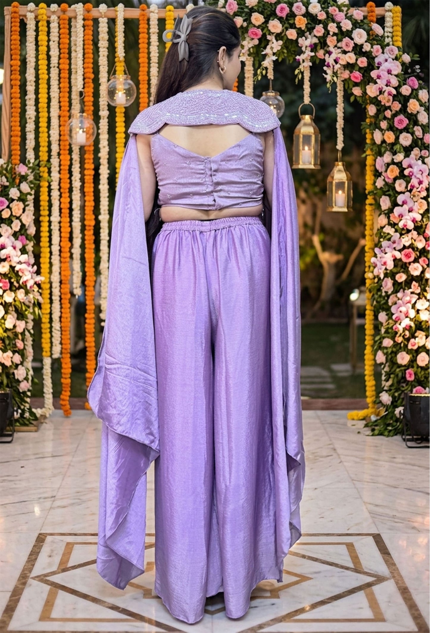 Designer Three-Piece Indo-Western Crop Top Palazzo Set with Cape