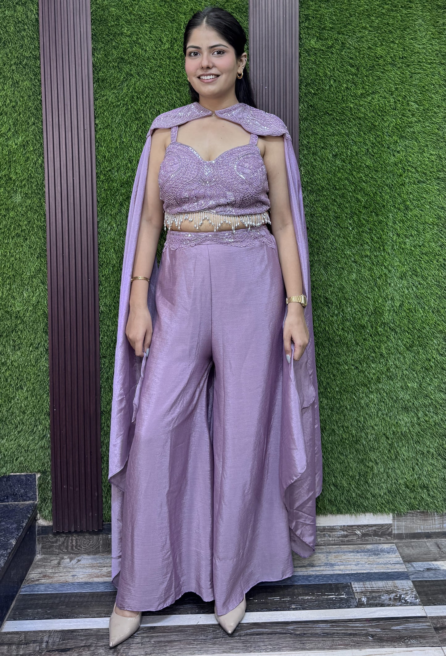 Designer Three-Piece Indo-Western Crop Top Palazzo Set with Cape