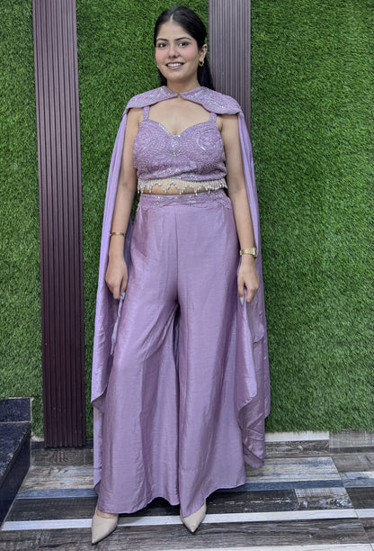 Designer Three-Piece Indo-Western Crop Top Palazzo Set with Cape