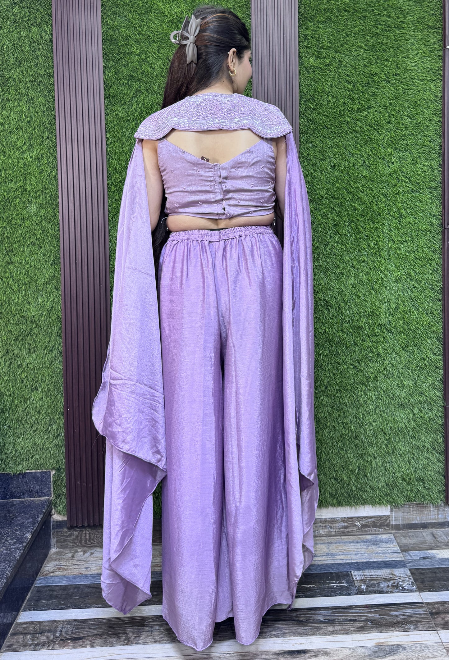 Designer Three-Piece Indo-Western Crop Top Palazzo Set with Cape