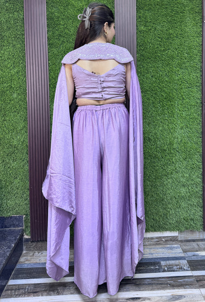 Designer Three-Piece Indo-Western Crop Top Palazzo Set with Cape