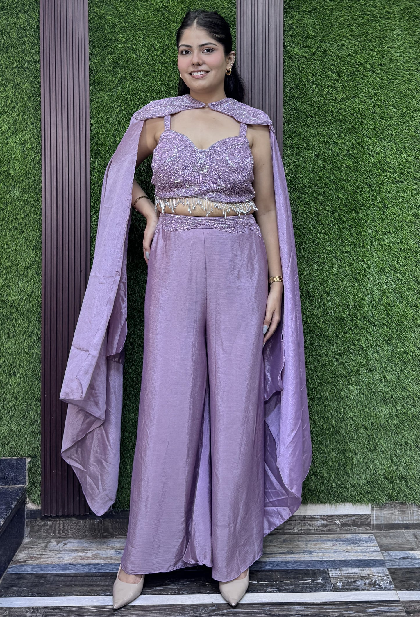 Designer Three-Piece Indo-Western Crop Top Palazzo Set with Cape