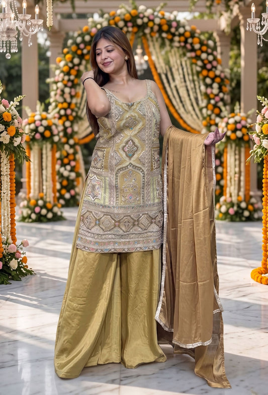 Elegant Party Wear Thread Work Spaghetti Style Straight Armani Satin Plazo Suit Set