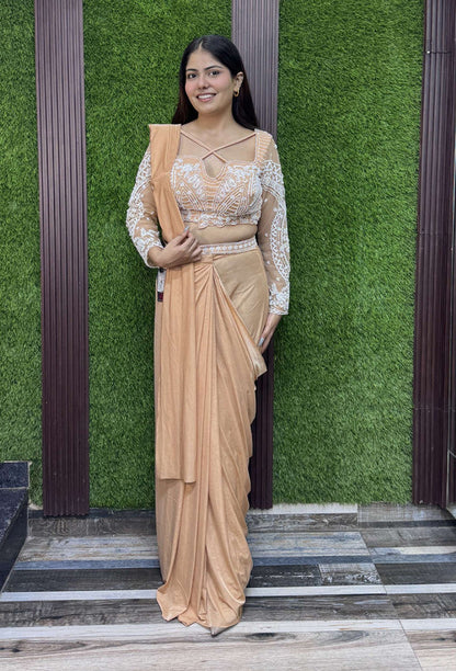 Ready to Wear Lycra Drape Saree with Beaded Blouse & Waist Belt