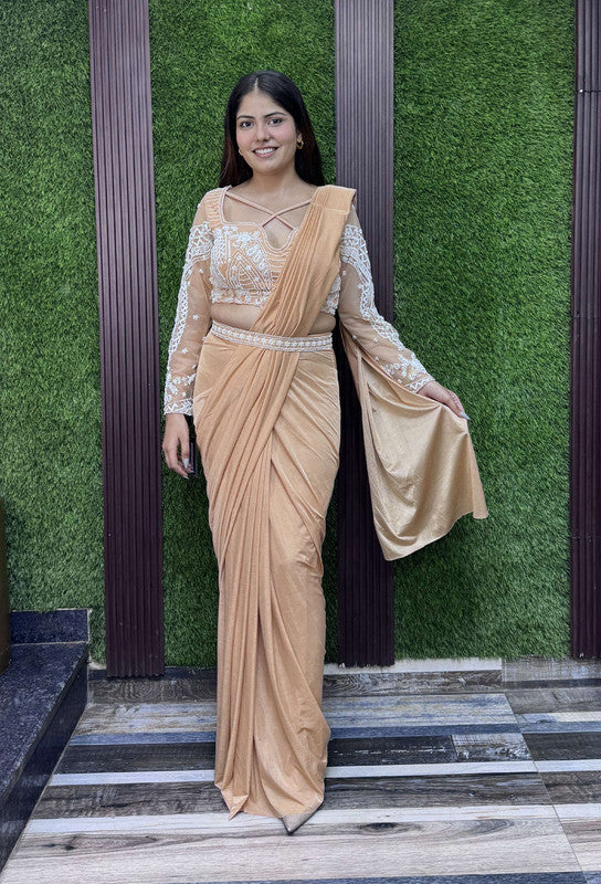 Ready to Wear Lycra Drape Saree with Beaded Blouse & Waist Belt