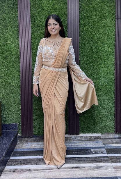 Ready to Wear Lycra Drape Saree with Beaded Blouse & Waist Belt