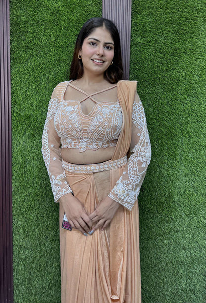 Ready to Wear Lycra Drape Saree with Beaded Blouse & Waist Belt