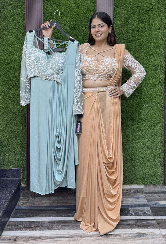 Ready to Wear Lycra Drape Saree with Beaded Blouse & Waist Belt